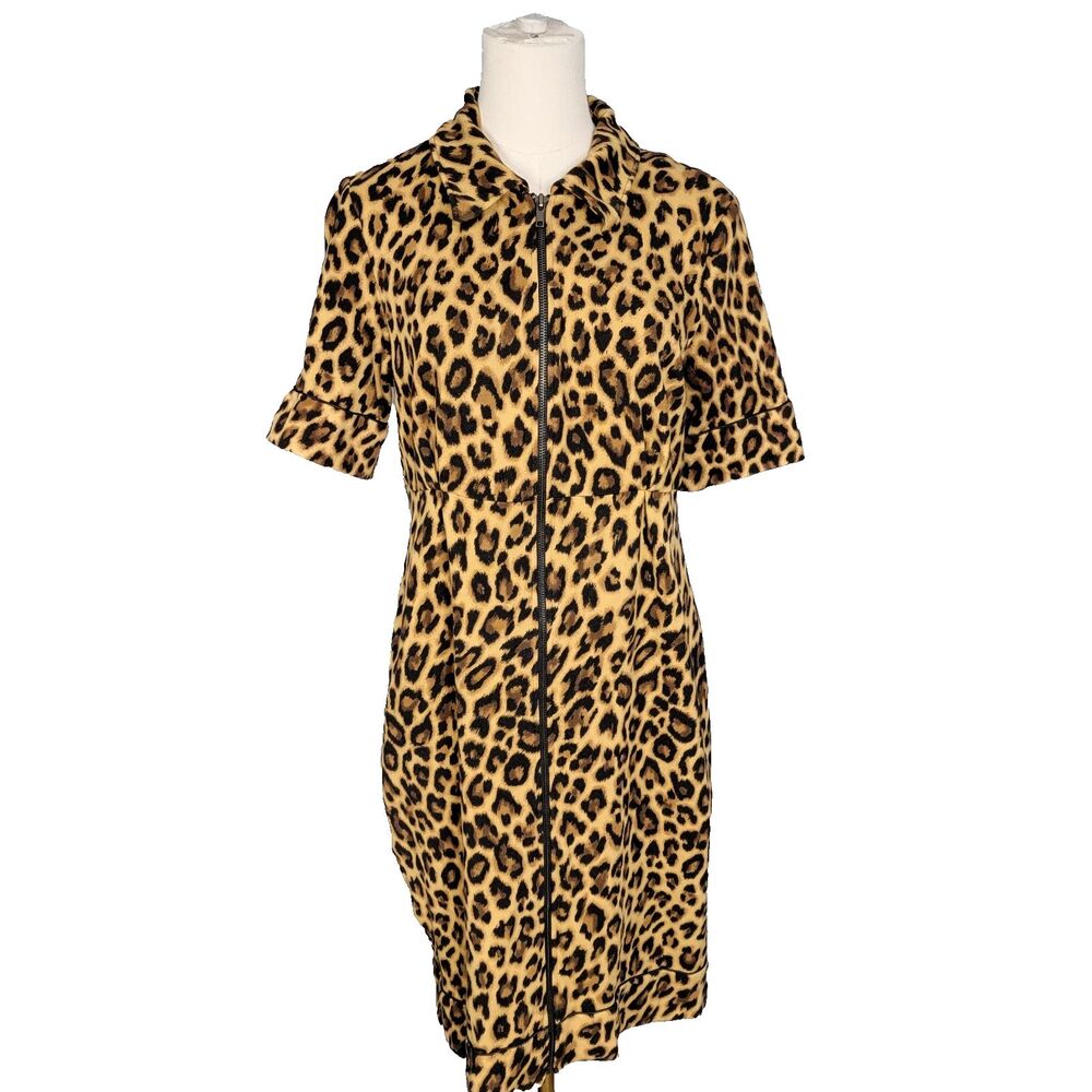 vtg WD•NY Leopard Sz 10 Print Full Zip Retro Short Sleeve Animal Print Dress